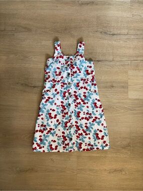 Girls' White Cherry Print Sundress with Blue Leaves